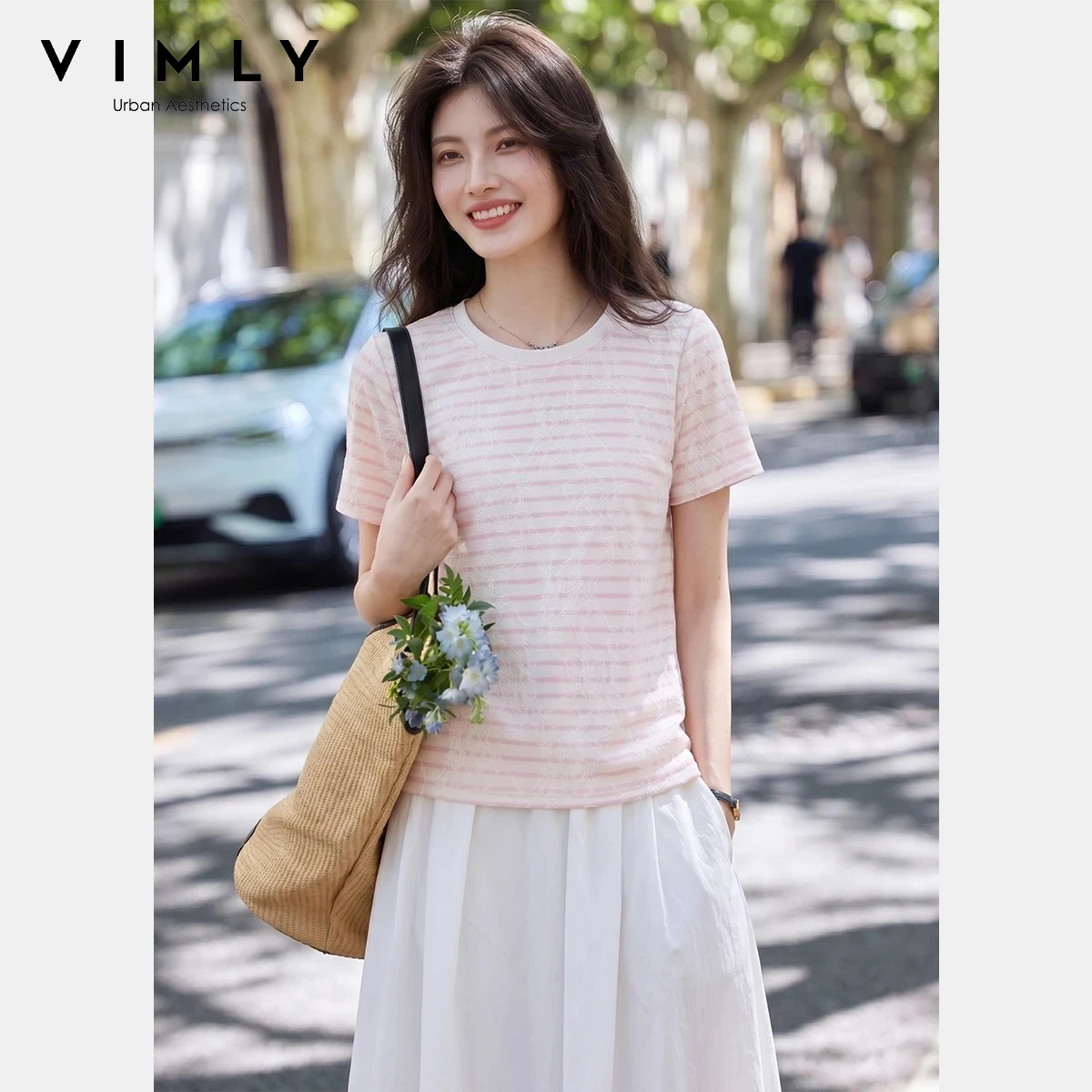 VIMLY Women's Summer Pink Striped T-shirt 2026 New Short Sleeve Contrasting Lace Design Top Sweet Daily Female Clothes A6701
VIMLY Women's Summer Pink Striped T-shirt 2026 New Short Sleeve Contrasting Lace Design Top Sweet Daily Female Clothes A6701