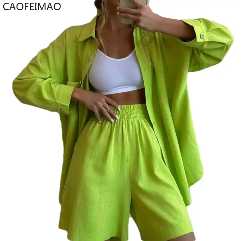 Summer Women's Suit Shirt and Short Sets Solid Color Casual Cotton and Linen Blouse and Shorts Two Piece Sets Women Outfit 2023
Summer Women's Suit Shirt and Short Sets Solid Color Casual Cotton and Linen Blouse and Shorts Two Piece Sets Women Outfit 2023