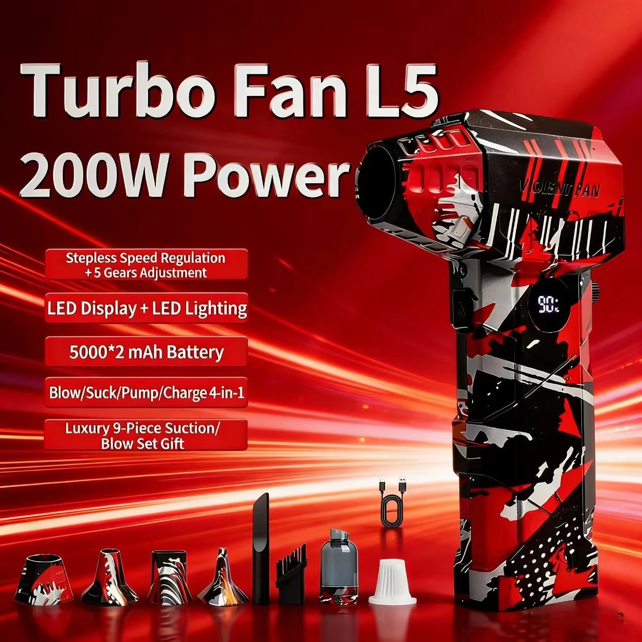 Turbo Fan L5 200W High Power Fan Blower 4 in 1 Air Blower with 5000*2mAh Battery
Turbo Fan L5 200W High Power Fan Blower 4 in 1 Air Blower with 5000*2mAh Battery
