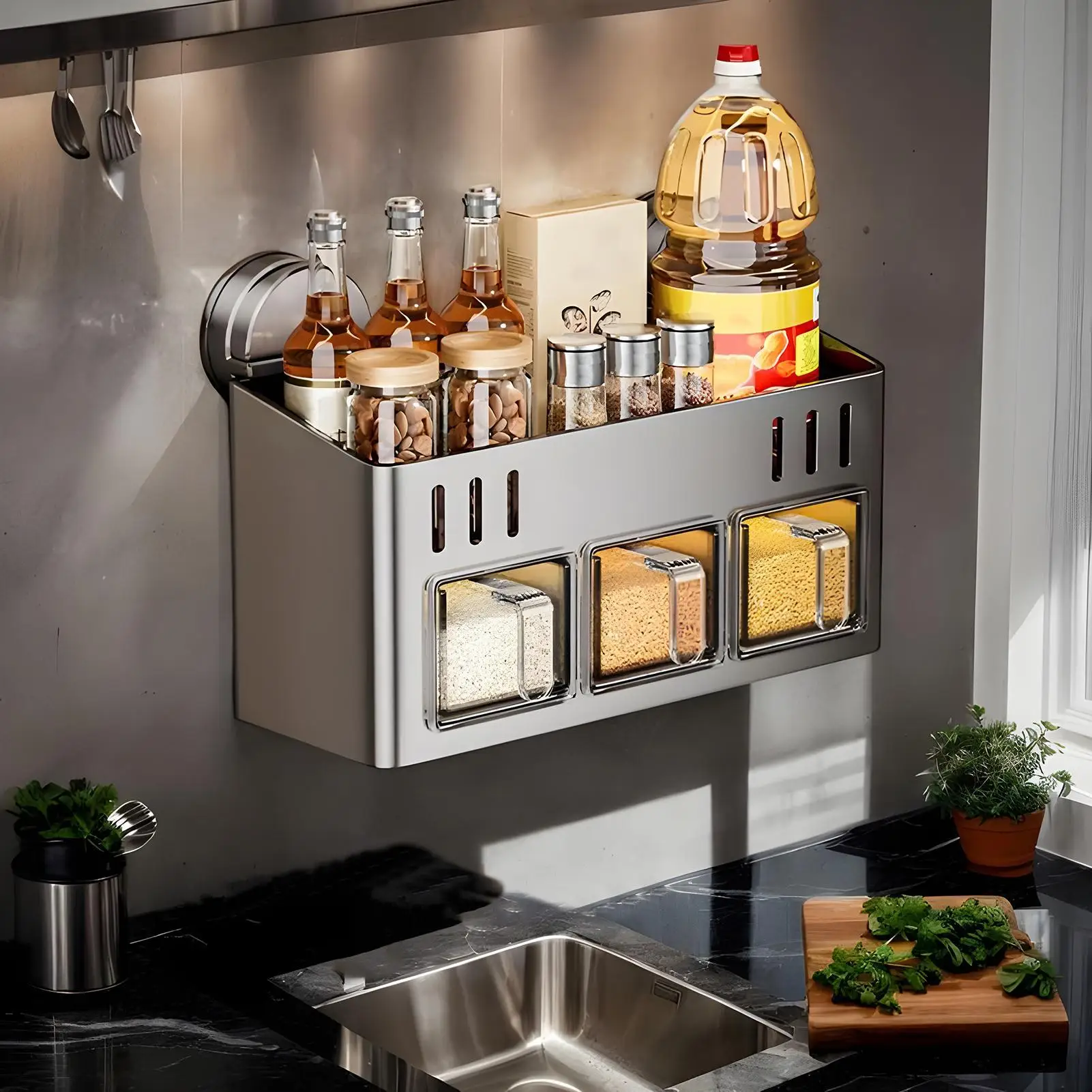 Suction Cup Kitchen Seasoning Rack with Sealed Condiment Box Suction Cup Rust-proof Waterproof Shelf for Wall Desktop
Suction Cup Kitchen Seasoning Rack with Sealed Condiment Box Suction Cup Rust-proof Waterproof Shelf for Wall Desktop