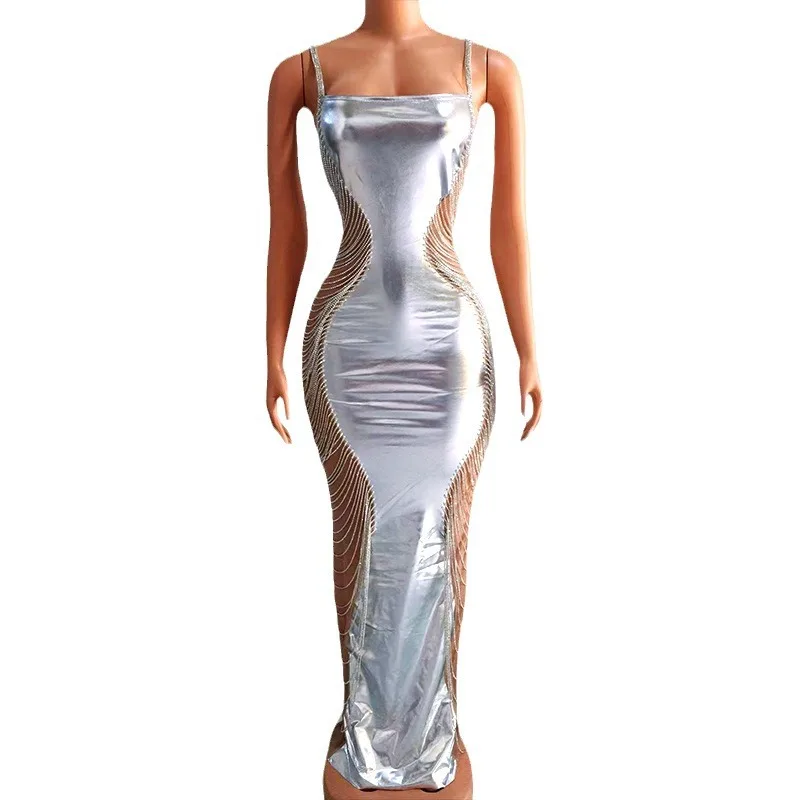 Fashion Women's Silver Shiny Sexy Suspender Sleeveless Long Evening & Ball Dress - With Jewel Diamond Fringe Deep V-Neck Dresses
Fashion Women's Silver Shiny Sexy Suspender Sleeveless Long Evening & Ball Dress - With Jewel Diamond Fringe Deep V-Neck Dresses