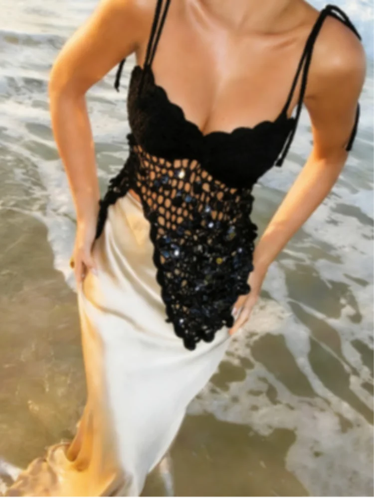 Women White Crochet Sequin Top Y2k Spaghetti Strap Scalloped V Neck Irregular Hem Sexy Elegant Beach Party Blouse 2026 Summer
Women White Crochet Sequin Top Y2k Spaghetti Strap Scalloped V Neck Irregular Hem Sexy Elegant Beach Party Blouse 2026 Summer