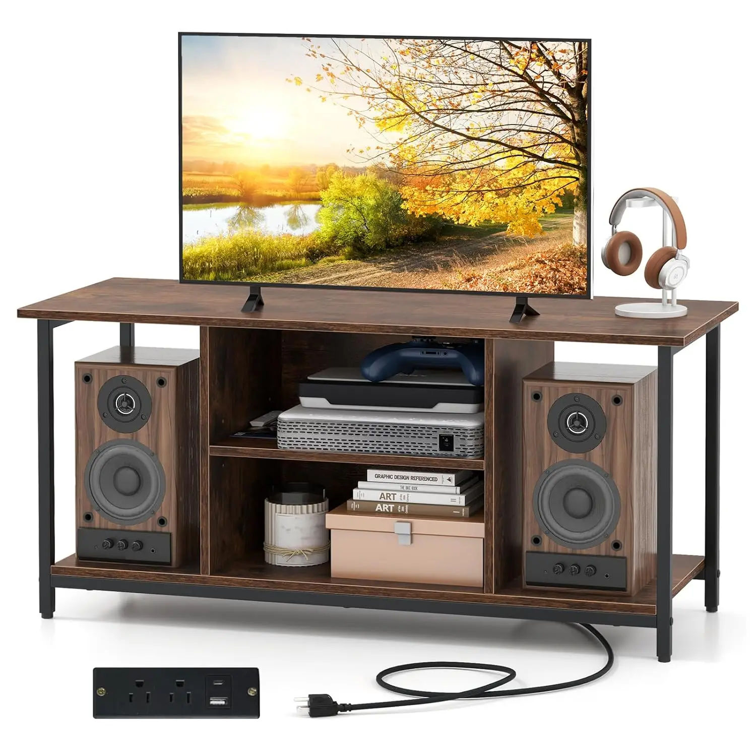 42"L TV Stand with Power Outlet, 3-Tier Industrial Media Console, Adjustable Shelf & 2 Open Compartments, Living Room, Custom
42"L TV Stand with Power Outlet, 3-Tier Industrial Media Console, Adjustable Shelf & 2 Open Compartments, Living Room, Custom