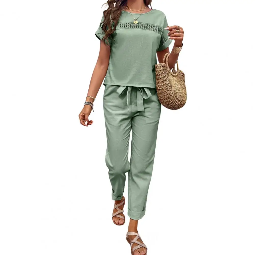 2 Pcs/Set Women Top Pants Suit Hollow O Neck Short Sleeves Pockets Lace-up Waist Loose Breathable T-shirt Trousers Set
2 Pcs/Set Women Top Pants Suit Hollow O Neck Short Sleeves Pockets Lace-up Waist Loose Breathable T-shirt Trousers Set