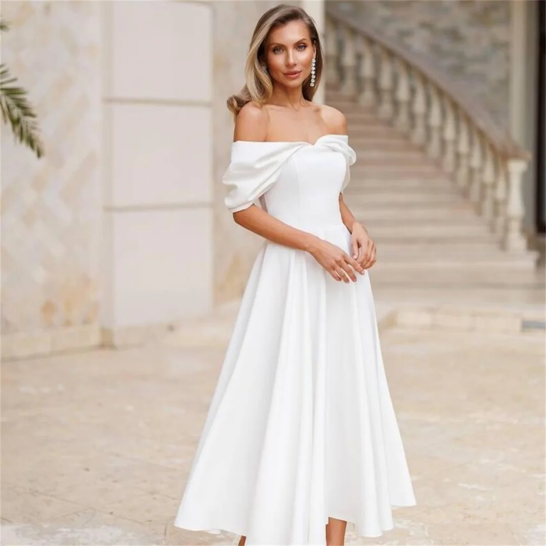 High Quality Off the Shoulder Tea-Length Evening Dresses Elegant Pleats Solid A-line Bridesmaid Dress Wedding Guest Party Dress
High Quality Off the Shoulder Tea-Length Evening Dresses Elegant Pleats Solid A-line Bridesmaid Dress Wedding Guest Party Dress