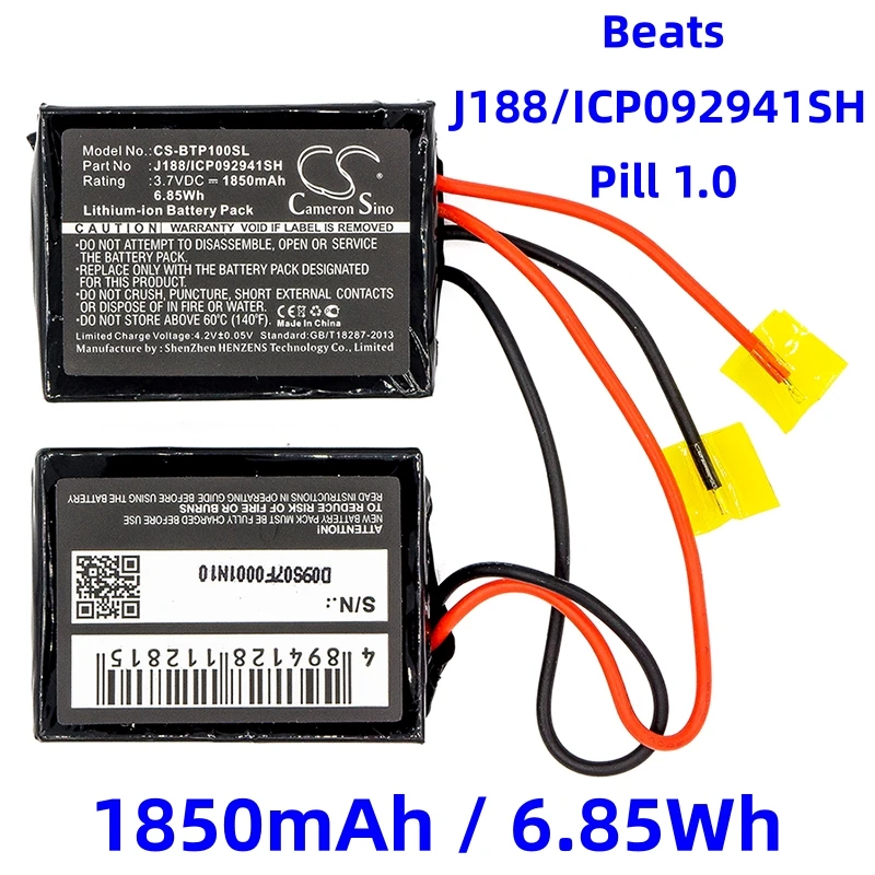 Replacement Battery for Beats:J188/ICP092941SH,Pill 1.0,Speaker-1850mAh / 6.85Wh*40.66 x 30.10 x 10.10mm x 2 pcs
Replacement Battery for Beats:J188/ICP092941SH,Pill 1.0,Speaker-1850mAh / 6.85Wh*40.66 x 30.10 x 10.10mm x 2 pcs