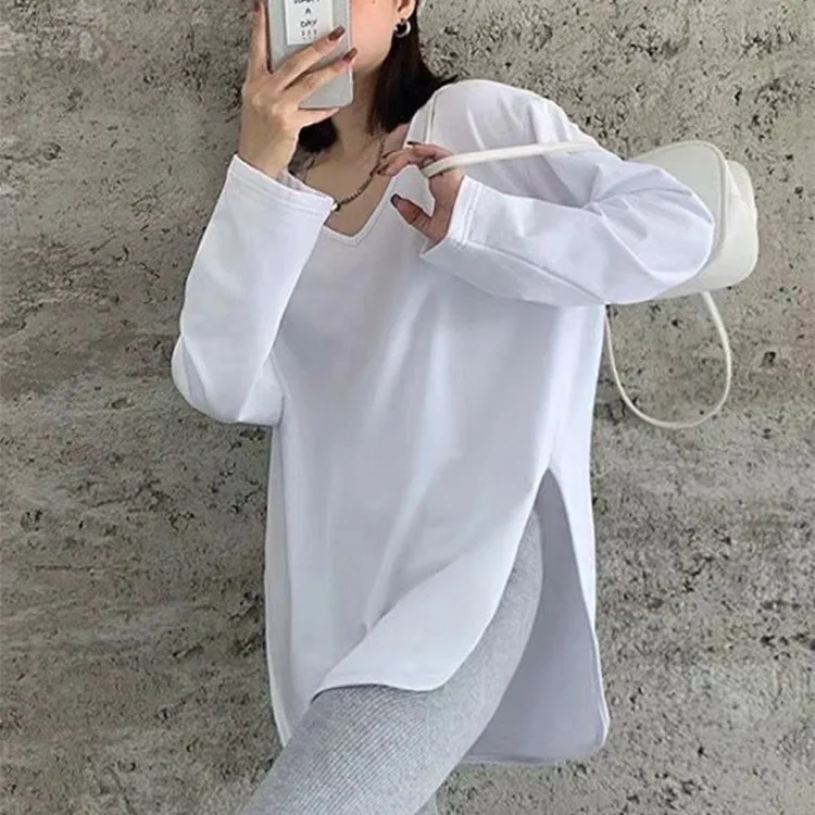 2026 Autumn Winter Fleece-Lined White Side-Slit Long Sleeve T-Shirt For Women, Mid-Length Loose Fit, Large V-Neck, Pure Cotton
2026 Autumn Winter Fleece-Lined White Side-Slit Long Sleeve T-Shirt For Women, Mid-Length Loose Fit, Large V-Neck, Pure Cotton