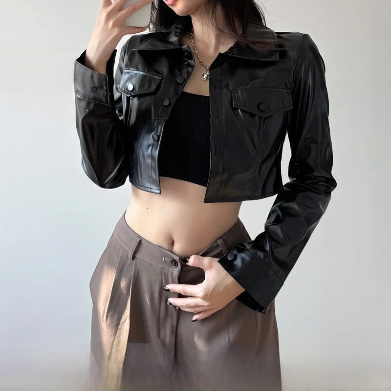 Retro American Pocket Decorated Short PU Leather Jacket Women's Summer Design Sensual Black Long Sleeve Jacket Top
Retro American Pocket Decorated Short PU Leather Jacket Women's Summer Design Sensual Black Long Sleeve Jacket Top