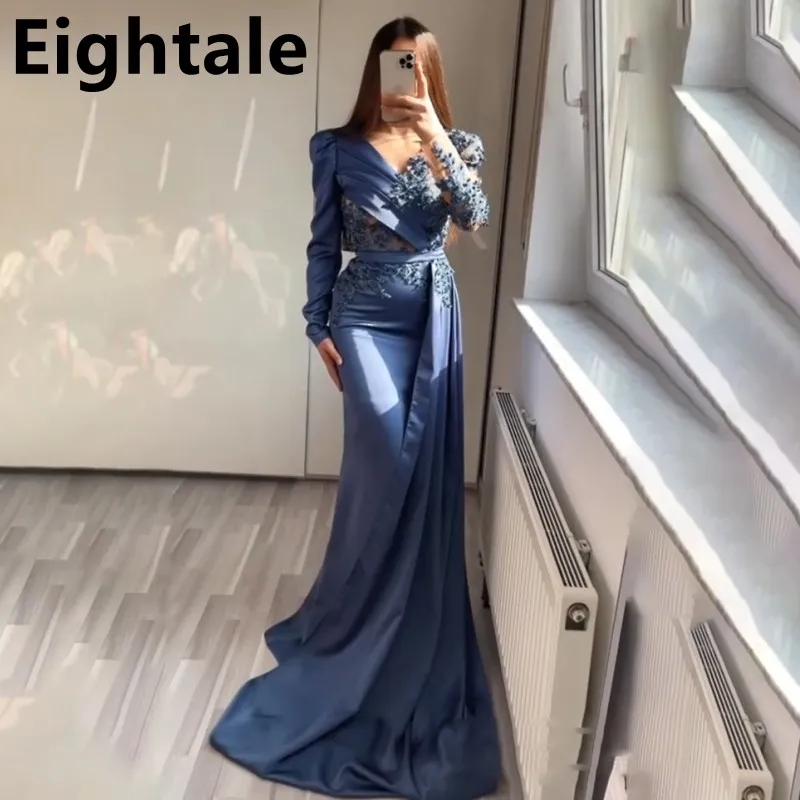 Eightale Blue Mermaid Satin Evening Dress For Wedding Party Long Sleeve Appliques Sexy Side Slit Prom Dress Formal Party Gown
Eightale Blue Mermaid Satin Evening Dress For Wedding Party Long Sleeve Appliques Sexy Side Slit Prom Dress Formal Party Gown