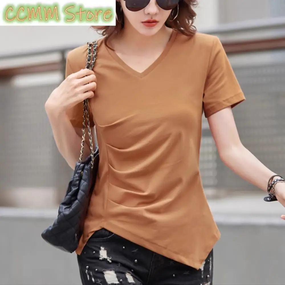 Korean coffee color short sleeved T-shirt for women's summer new fashion, plus size, fat mm, niche irregular pleated V-neck top
Korean coffee color short sleeved T-shirt for women's summer new fashion, plus size, fat mm, niche irregular pleated V-neck top