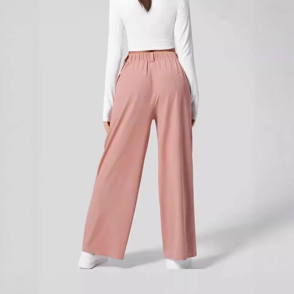Women's solid color pocket straight leg loose elastic yoga pants; street style elastic wide leg pants; sports leisure
Women's solid color pocket straight leg loose elastic yoga pants; street style elastic wide leg pants; sports leisure