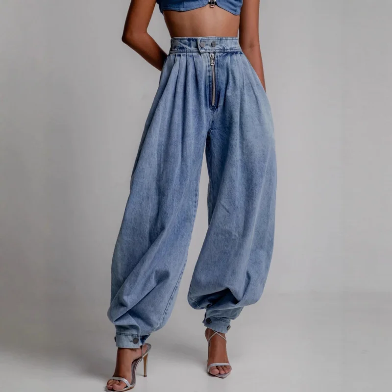 Cross-border European and American street fashion women's new high-waisted zippered jogger jeans, loose casual retro pants whole
Cross-border European and American street fashion women's new high-waisted zippered jogger jeans, loose casual retro pants whole