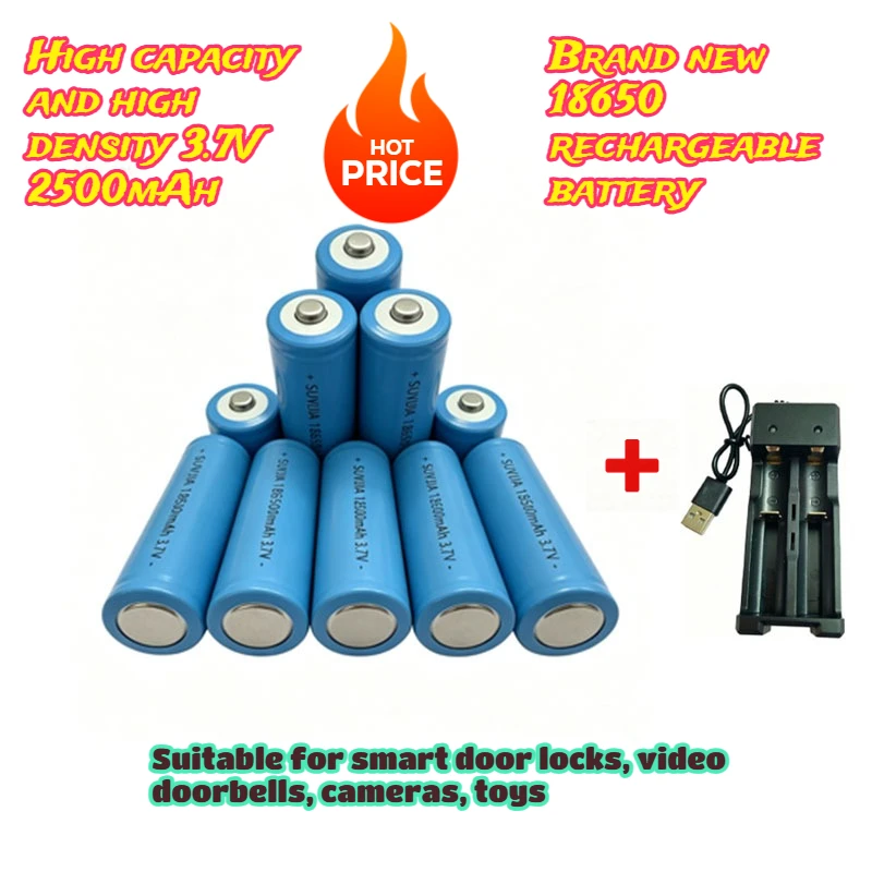 High capacity 3.7V 2500mAh brand new 18650 rechargeable battery, suitable for smart door locks, video doorbells, cameras, toys
High capacity 3.7V 2500mAh brand new 18650 rechargeable battery, suitable for smart door locks, video doorbells, cameras, toys
