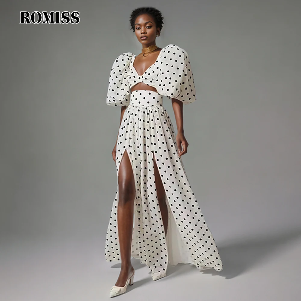 ROMISS Colorblock Polka Dot Two Piece Sets For Women V Neck Puff Sleeve Tops High Waist Split Skirt Minimalist Set Female
ROMISS Colorblock Polka Dot Two Piece Sets For Women V Neck Puff Sleeve Tops High Waist Split Skirt Minimalist Set Female