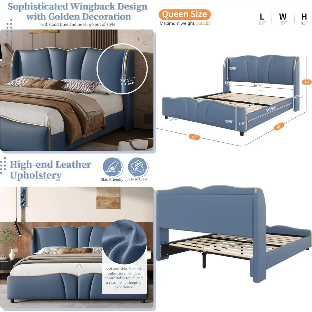 Queen Size Antique Blue Leather Wingback Bed with Wavy Footboard, No Box Spring Needed
Queen Size Antique Blue Leather Wingback Bed with Wavy Footboard, No Box Spring Needed