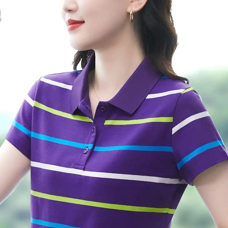 Womem Cotton Short-sleeved Stripes Middle-aged Looseslimming Look Collar 2026 Summer New Arrival Lapel Stripes Polo
Womem Cotton Short-sleeved Stripes Middle-aged Looseslimming Look Collar 2026 Summer New Arrival Lapel Stripes Polo