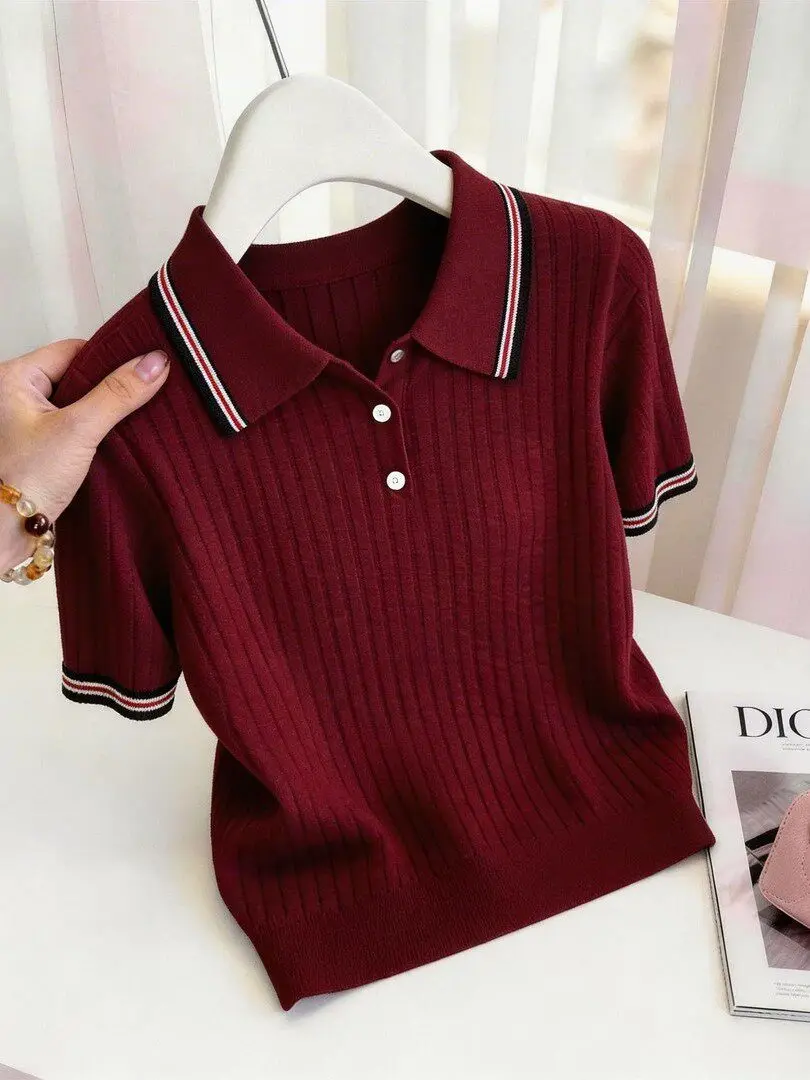 Summer 2026 Women's Red Knitted Short Sleeve T-shirt Casual Lightweight Fashionable Collared Striped Top Korean Style Regular...
Summer 2026 Women's Red Knitted Short Sleeve T-shirt Casual Lightweight Fashionable Collared Striped Top Korean Style Regular...