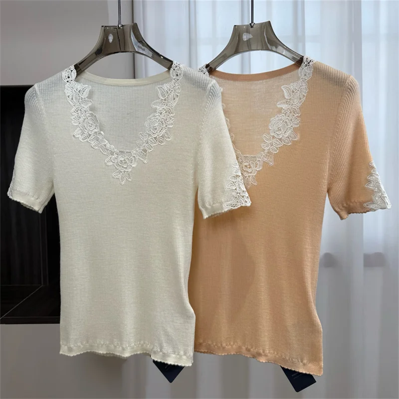 Women's sweater New elastic knitted slim fit short sleeved top for spring 2026 Lace patchwork V-neck pullover Wool blend T-shirt
Women's sweater New elastic knitted slim fit short sleeved top for spring 2026 Lace patchwork V-neck pullover Wool blend T-shirt