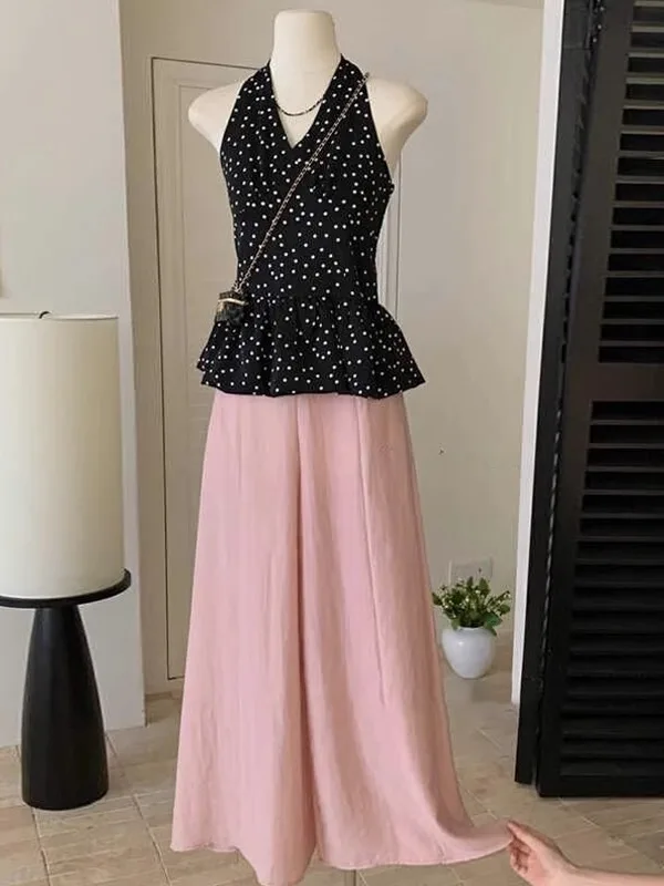 Summer 2025 Polka Dot Backless Sleeveless Neck Hanging Vest Top Wide Leg Pants Loose Sensation Two Piece Set V Neck Long Pants
Summer 2025 Polka Dot Backless Sleeveless Neck Hanging Vest Top Wide Leg Pants Loose Sensation Two Piece Set V Neck Long Pants