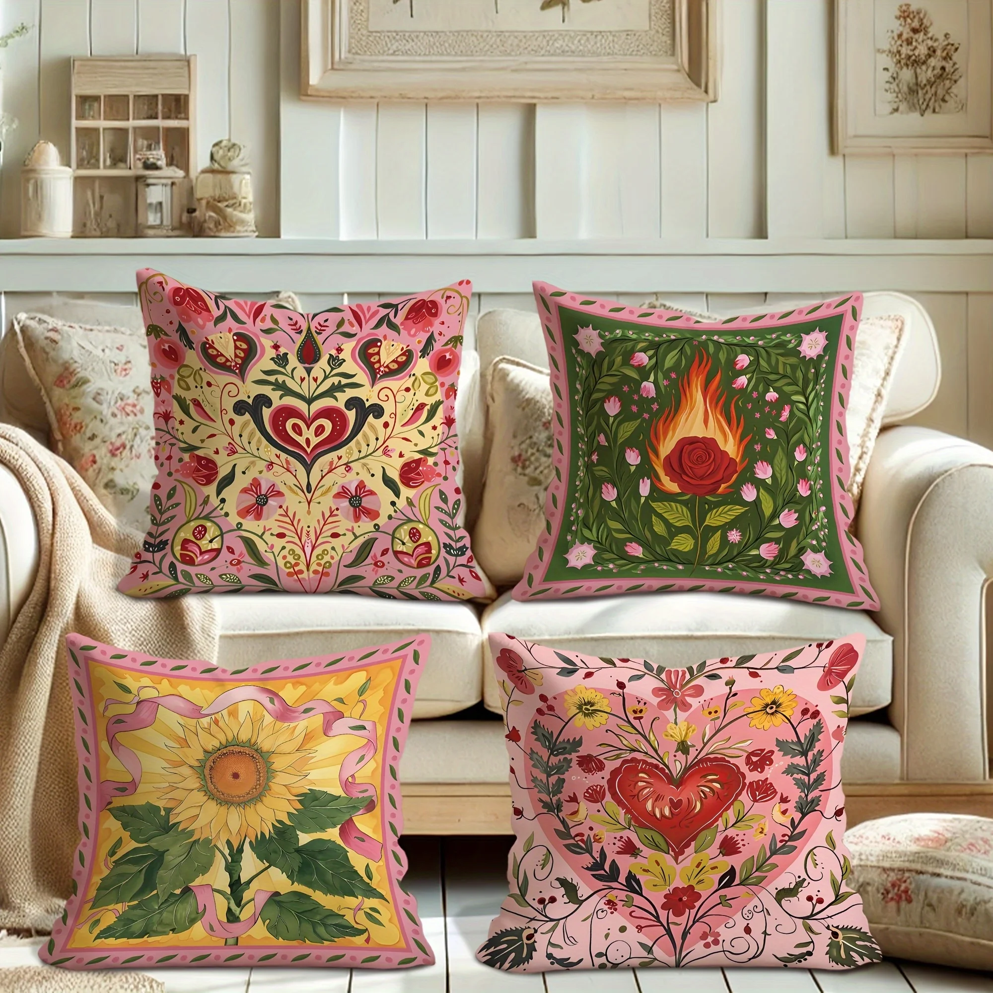 4Pcs Boho Folk Throw Pillow Covers, Colorful Floral and Heart Art Cushion Cases with Rustic Charm for Bedroom Sofa Couch Home
4Pcs Boho Folk Throw Pillow Covers, Colorful Floral and Heart Art Cushion Cases with Rustic Charm for Bedroom Sofa Couch Home