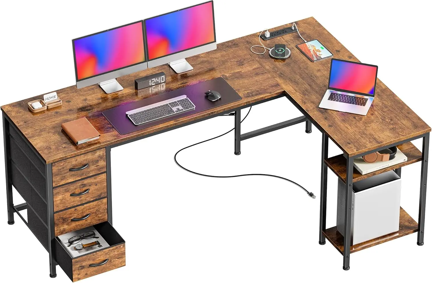 63 Inch L Shaped Desk with Fabric Drawers, with Power Outlets and USB-C Port, Corner Desk with Storage Shelves
63 Inch L Shaped Desk with Fabric Drawers, with Power Outlets and USB-C Port, Corner Desk with Storage Shelves