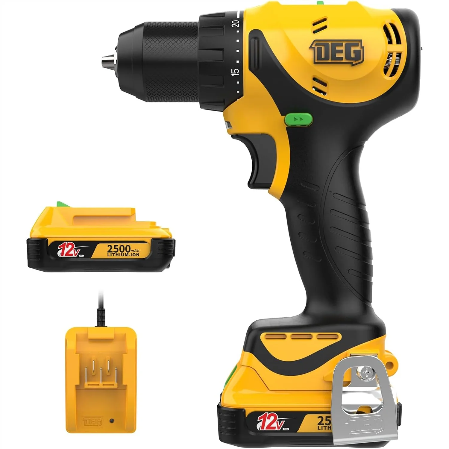 12V MAX Cordless Drill/Driver Kit, 3/8-Inch Keyless Chuck, 2 Variable Speed, 20+1 Torque, LED Light
