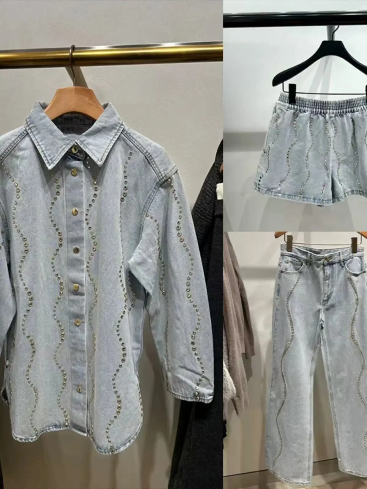 Women's Light Blue Diamond Water Ripple Set Denim Single breasted Shirt+Trendy Pants+Shorts Spring/Summer
Women's Light Blue Diamond Water Ripple Set Denim Single breasted Shirt+Trendy Pants+Shorts Spring/Summer