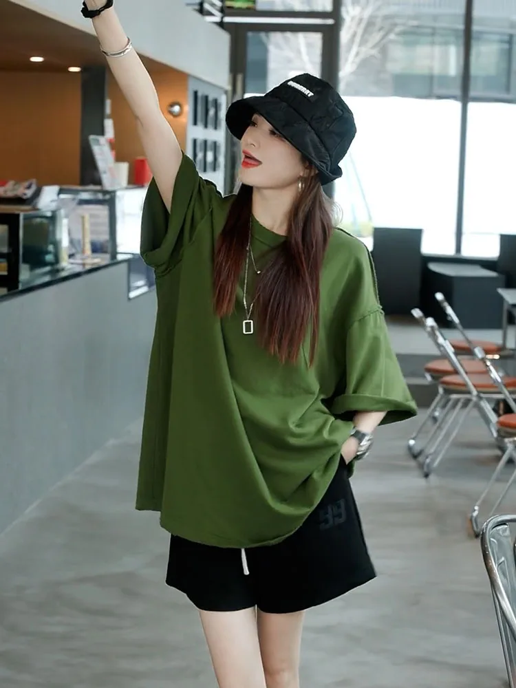 Summer Women's Loose Fit round Neck Short Sleeve Sweatshirt T-Shirt Pure Color Casual Versatile Mid-Length Top Korean Style
Summer Women's Loose Fit round Neck Short Sleeve Sweatshirt T-Shirt Pure Color Casual Versatile Mid-Length Top Korean Style