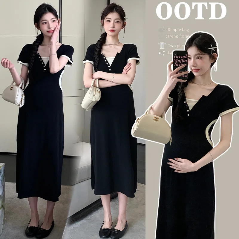 Elegant French Maternity Summer Dress Black Slim Fit Fake Two Piece Long Dress for Pregnant Women Comfortable Contrast Trim
Elegant French Maternity Summer Dress Black Slim Fit Fake Two Piece Long Dress for Pregnant Women Comfortable Contrast Trim