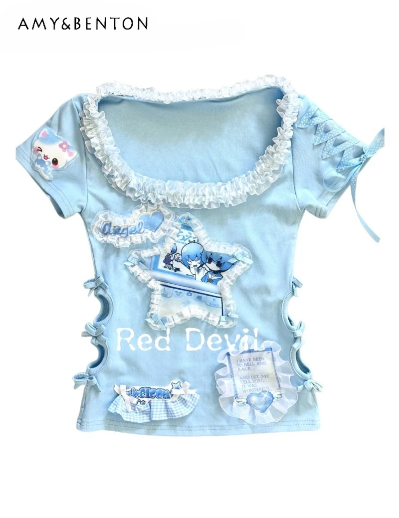2025 New Japanese Summer Subculture Cute Cartoon Print Short-Sleeved Lace Pentagram Water Color T-shirt For Women
2025 New Japanese Summer Subculture Cute Cartoon Print Short-Sleeved Lace Pentagram Water Color T-shirt For Women