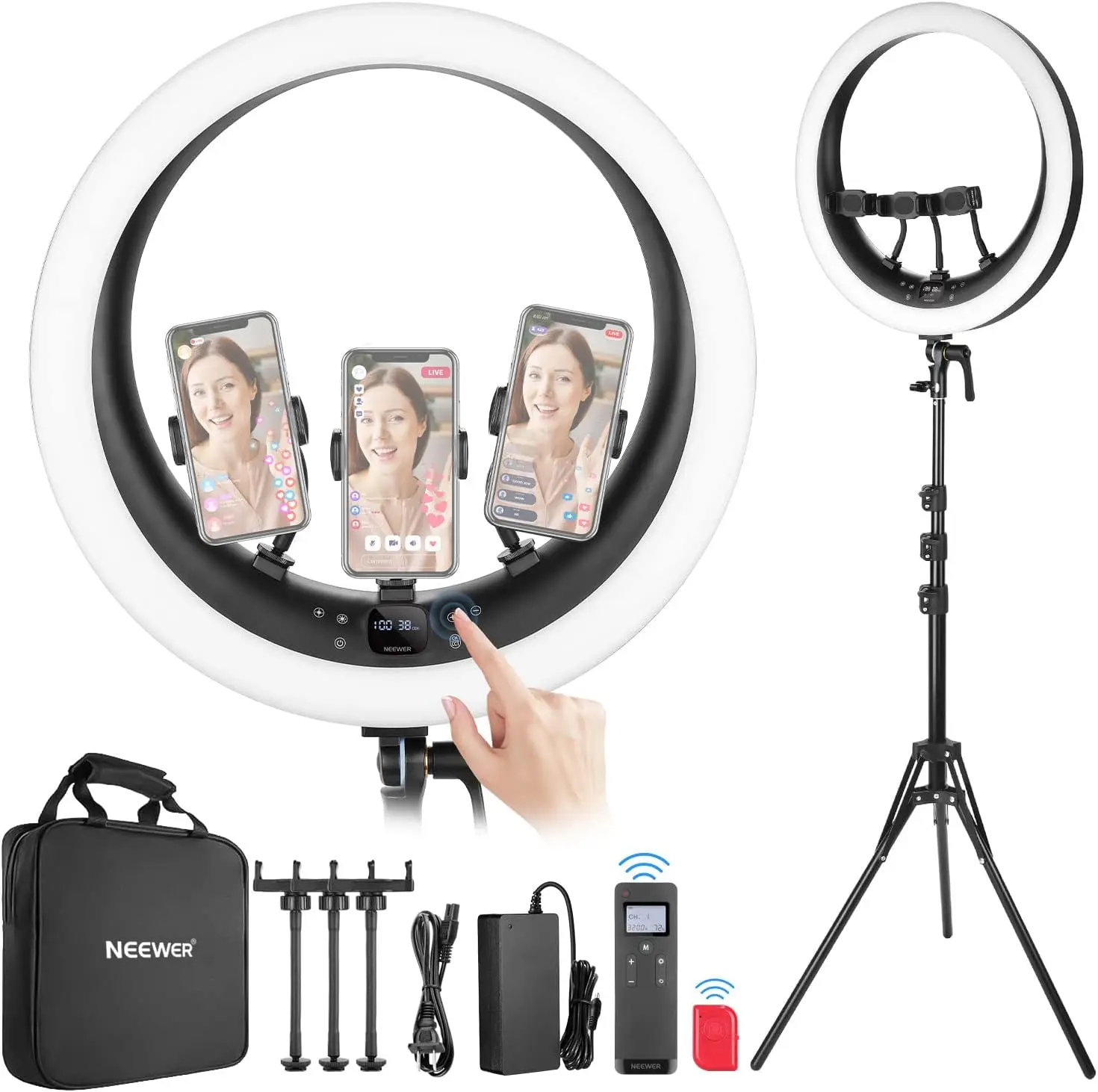 Ring Light RP19H 19 Inch with Tripod Stand 3 Phone Holders Compatible with iPhone, Upgraded 2.4G Touch Control Ringlight
Ring Light RP19H 19 Inch with Tripod Stand 3 Phone Holders Compatible with iPhone, Upgraded 2.4G Touch Control Ringlight