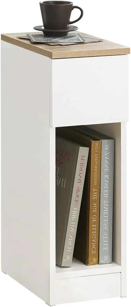 Modern Narrow Nightstand with Sliding Drawer and Open Shelf, White & Natural, Slim End Table for Bedroom, Living Room
Modern Narrow Nightstand with Sliding Drawer and Open Shelf, White & Natural, Slim End Table for Bedroom, Living Room