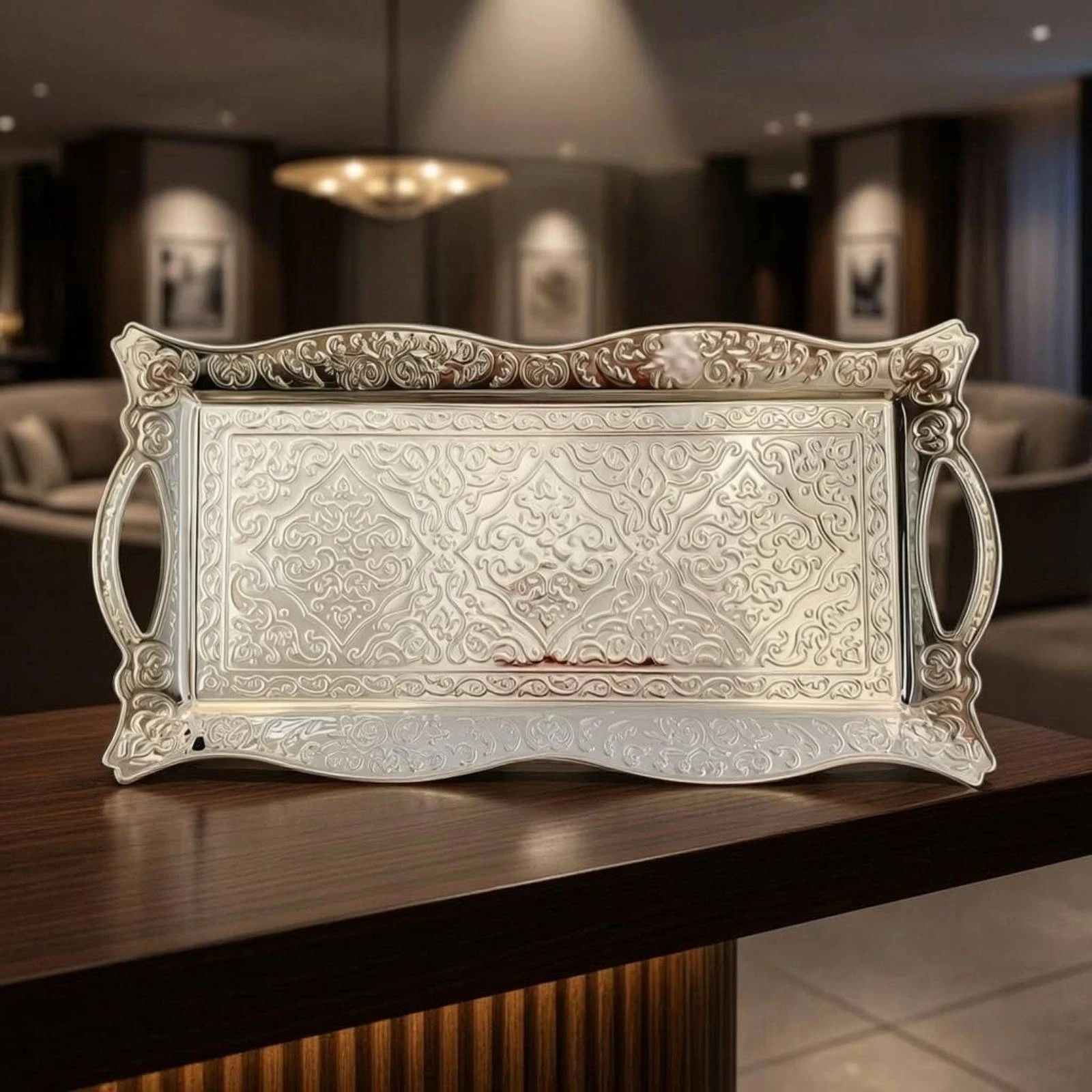 Metal Tray with Handles Openwork Rectangular Silver Tray Raised Border Decorative
Metal Tray with Handles Openwork Rectangular Silver Tray Raised Border Decorative