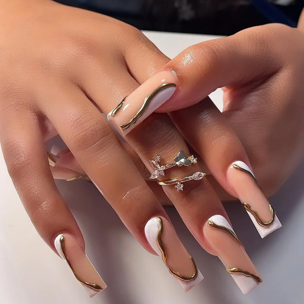 24pcs Long Coffin False Nails Press on White French Golden Fake Nails Wave Stripe Design Ballet Reusable Manicure Sets Finished
24pcs Long Coffin False Nails Press on White French Golden Fake Nails Wave Stripe Design Ballet Reusable Manicure Sets Finished