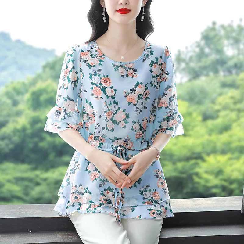 Summer Lace Spliced Printed Shirt Summer Casual Loose O-neck Pullover Chiffon Blouse Office Lady Elegant Fashion Drawstring Tops
Summer Lace Spliced Printed Shirt Summer Casual Loose O-neck Pullover Chiffon Blouse Office Lady Elegant Fashion Drawstring Tops