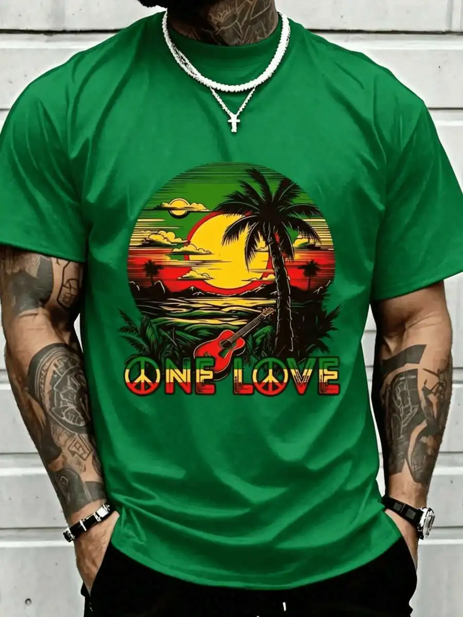 Cotton Black T-Shirt Featuring Reggae Guitar, Jamaican Pride, and Sunset Design
Cotton Black T-Shirt Featuring Reggae Guitar, Jamaican Pride, and Sunset Design