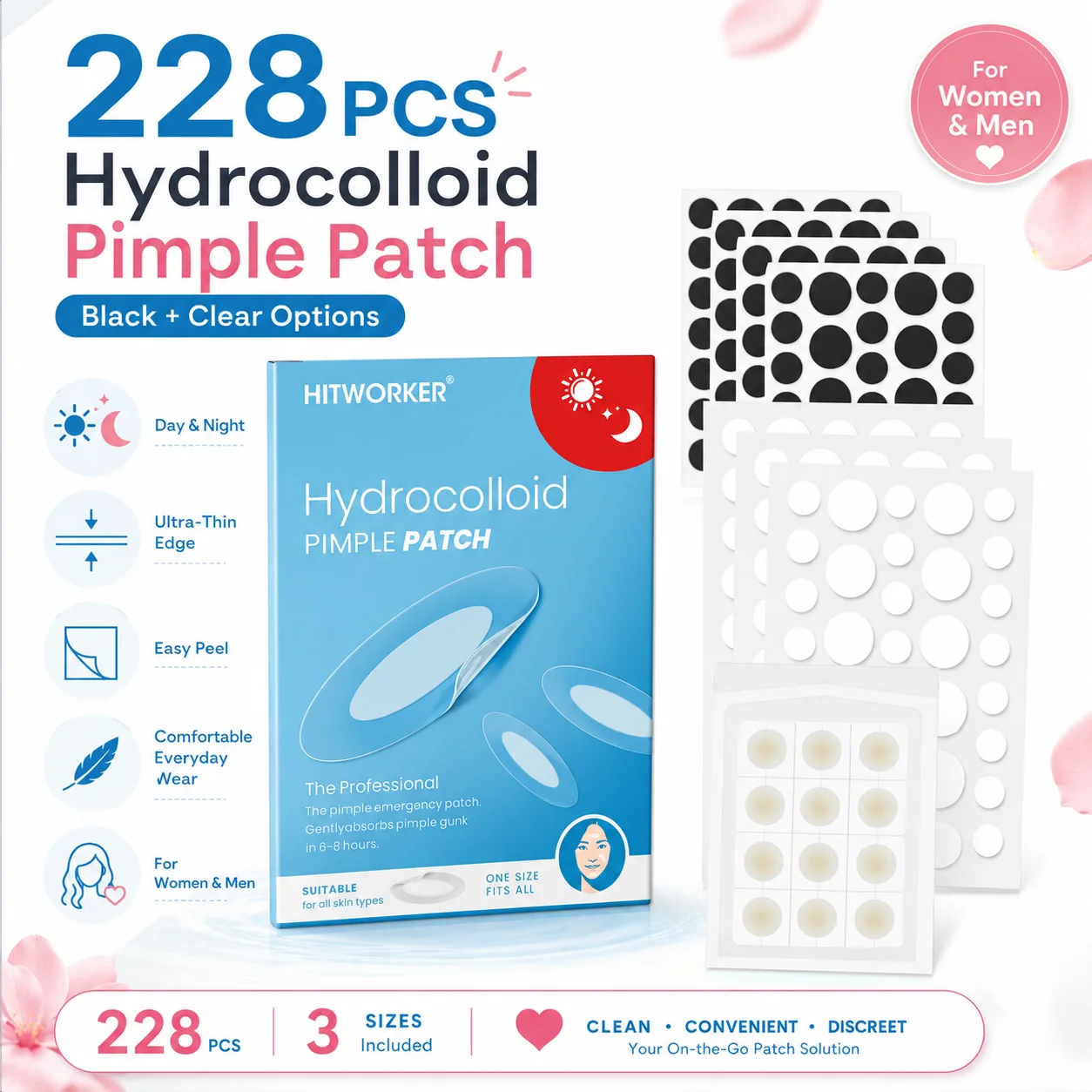 228pcs Hydrocolloid Patches, Black/White Day/Night Set, 216+12 Individually Sealed, Covers Acne, Conceals Blemishes, Cleanses Sk
228pcs Hydrocolloid Patches, Black/White Day/Night Set, 216+12 Individually Sealed, Covers Acne, Conceals Blemishes, Cleanses Sk