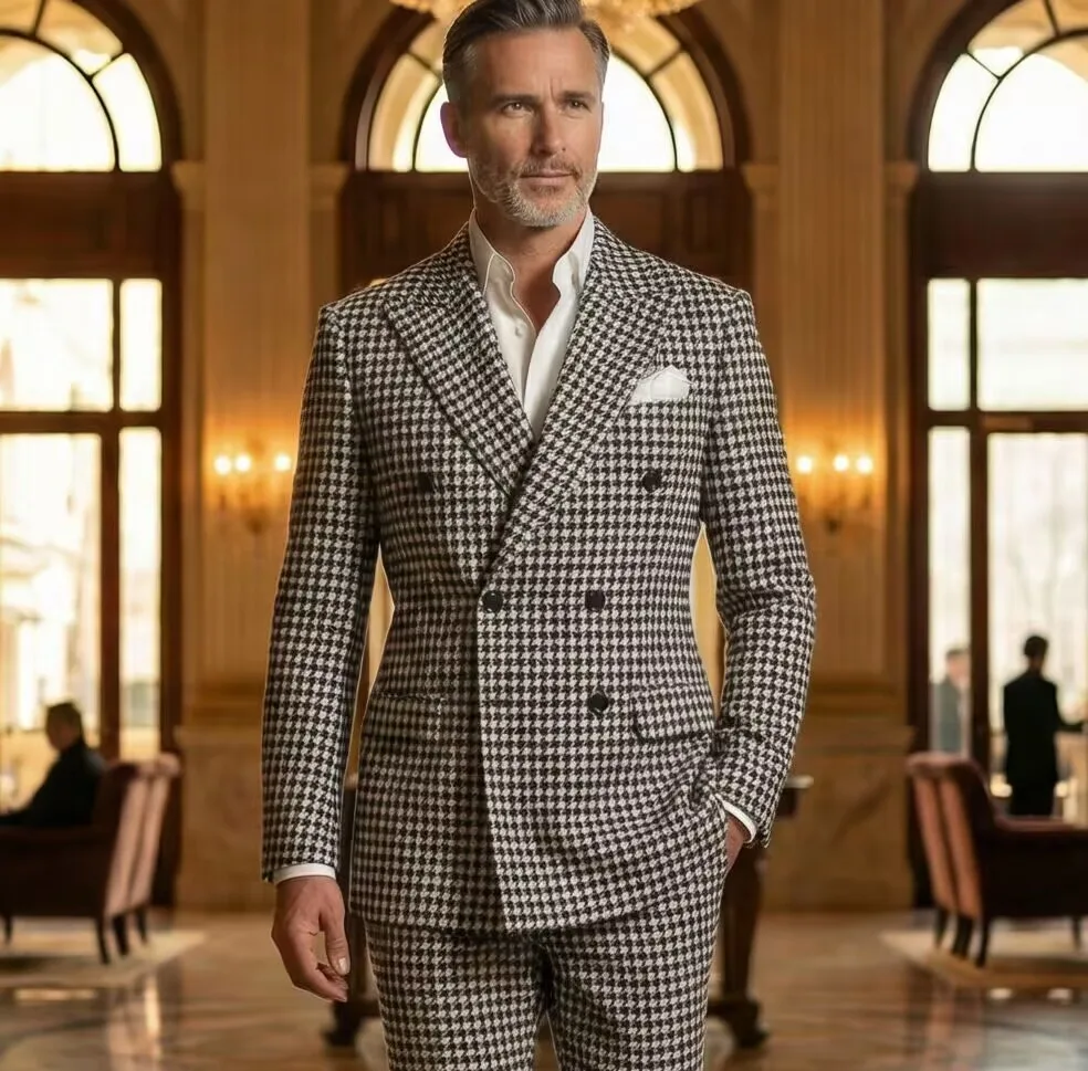 Classic Houndstooth Suits Men Double Breasted Jacket Pant 2 Pieces Sets Plaid Tweed Woolen Men's Attire Groom Dinner Tuxedos
Classic Houndstooth Suits Men Double Breasted Jacket Pant 2 Pieces Sets Plaid Tweed Woolen Men's Attire Groom Dinner Tuxedos
