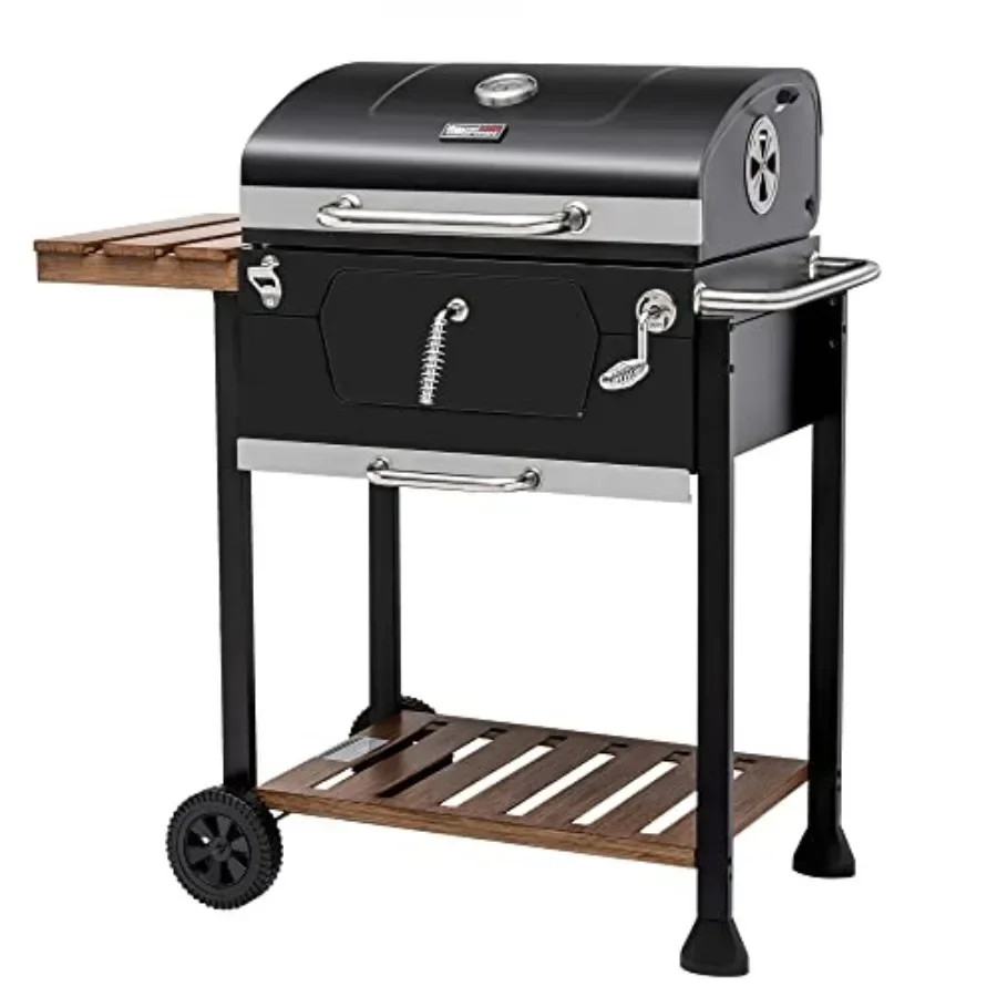 Outdoor patio, garden, and backyard charcoal grill with folding table and handle; black steel; medium size; durable and portabl
Outdoor patio, garden, and backyard charcoal grill with folding table and handle; black steel; medium size; durable and portabl