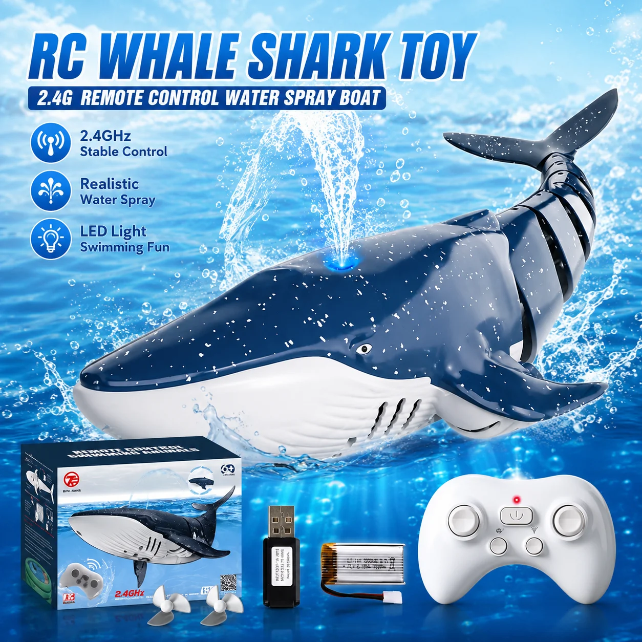 2.4G RC Whale Shark Boat, Water Spray Toy with Colorful Lights, Simulation Pool Bath Gift for Kids Boys
2.4G RC Whale Shark Boat, Water Spray Toy with Colorful Lights, Simulation Pool Bath Gift for Kids Boys