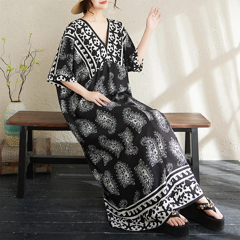 Для похудения большого размера из хлопка и льна ort Sve V-Ne с драпированным принтом, свободное женское платье, летнее повседневное длинное платье 
Для похудения большого размера из хлопка и льна ort Sve V-Ne с драпированным принтом, свободное женское платье, летнее повседневное длинное платье