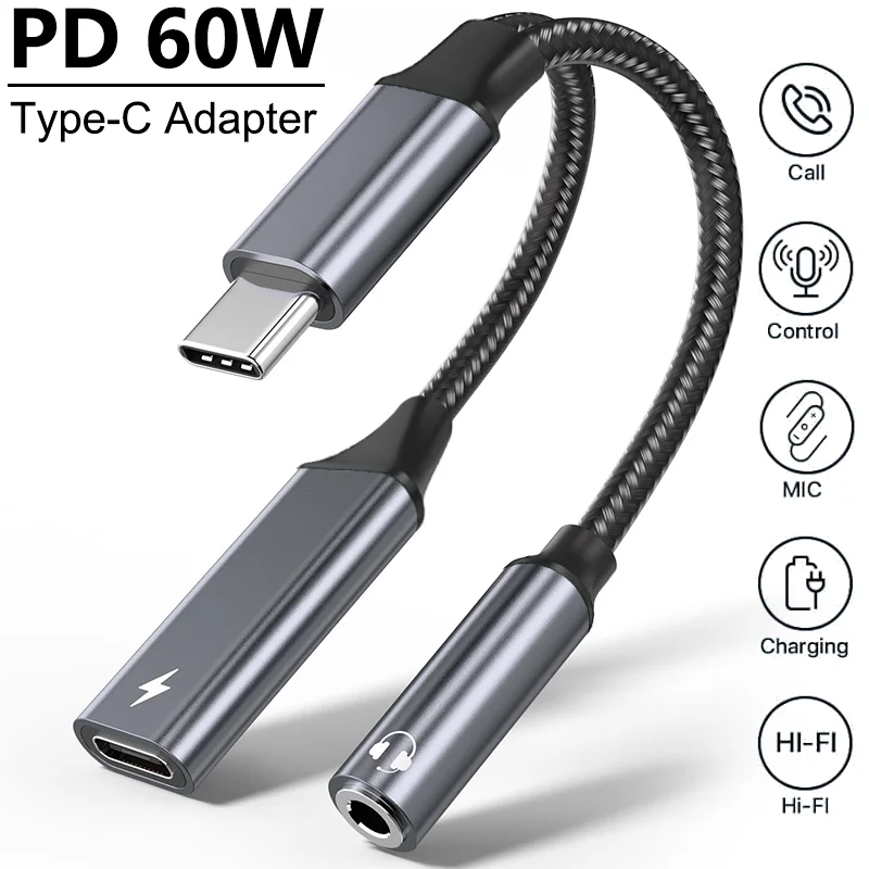 2 in 1 Type C Audio Adapter PD 60W Fast Charging USB C to 3.5mm Jack Adapter
2 in 1 Type C Audio Adapter PD 60W Fast Charging USB C to 3.5mm Jack Adapter