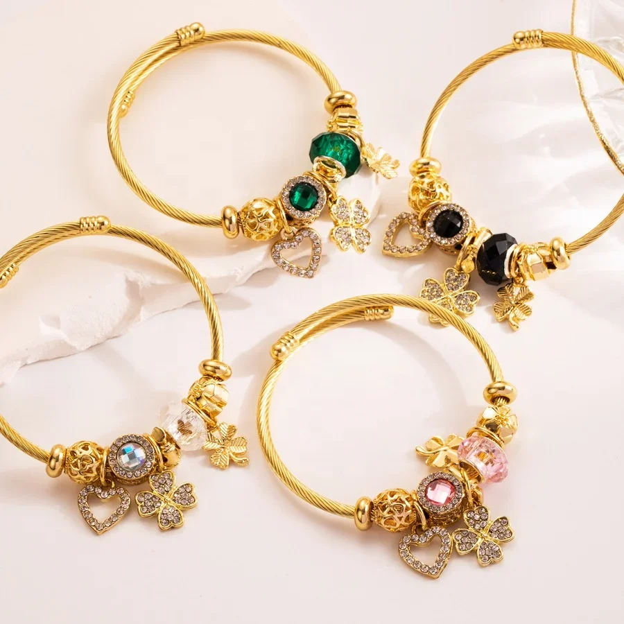 High quality gold flower lucky charm bracelet rhinestone crystal heart pendant bangle bracelet for women
High quality gold flower lucky charm bracelet rhinestone crystal heart pendant bangle bracelet for women