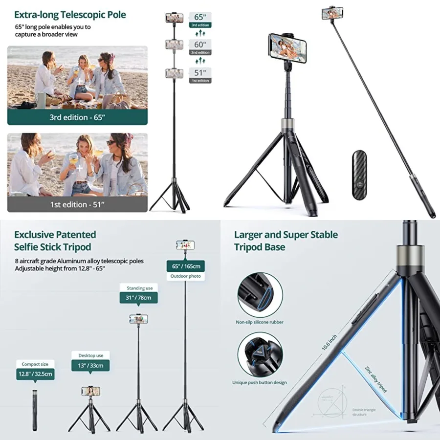 65" Selfie Stick Tripod, All in One Extendable Phone Tripod Stand with Bluetooth Remote 360° Rotation for iPhone and Android Phone Selfies, Video Recording, Vlogging, Live Streaming, Black
65" Selfie Stick Tripod, All in One Extendable Phone Tripod Stand with Bluetooth Remote 360° Rotation for iPhone and Android Phone Selfies, Video Recording, Vlogging, Live Streaming, Black