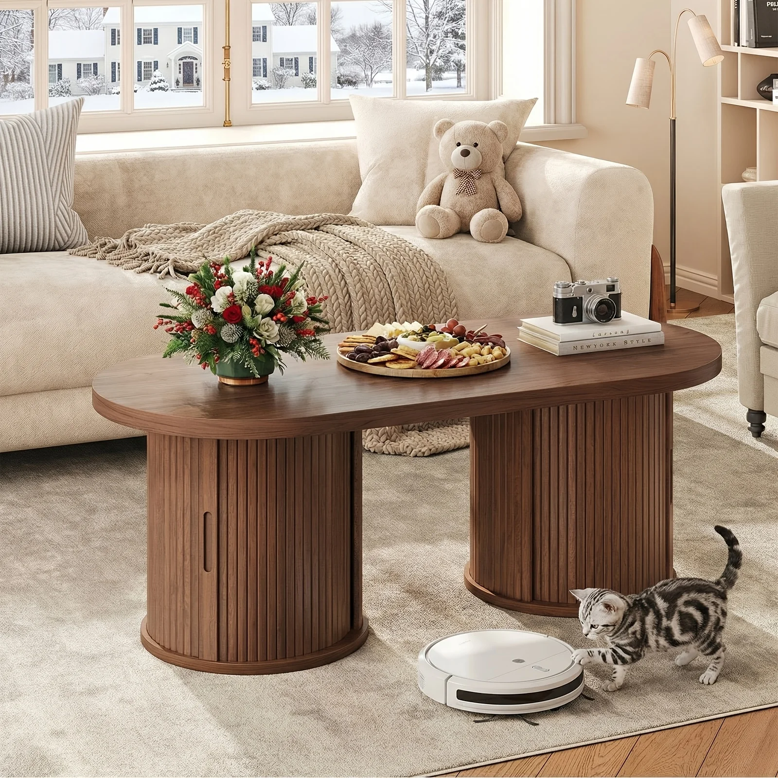 Coffee Table with Storage, Mid-Century Modern 47-Inch Oval Fluted Design with 2 Sliding Door Compartments Space-Saving
Coffee Table with Storage, Mid-Century Modern 47-Inch Oval Fluted Design with 2 Sliding Door Compartments Space-Saving