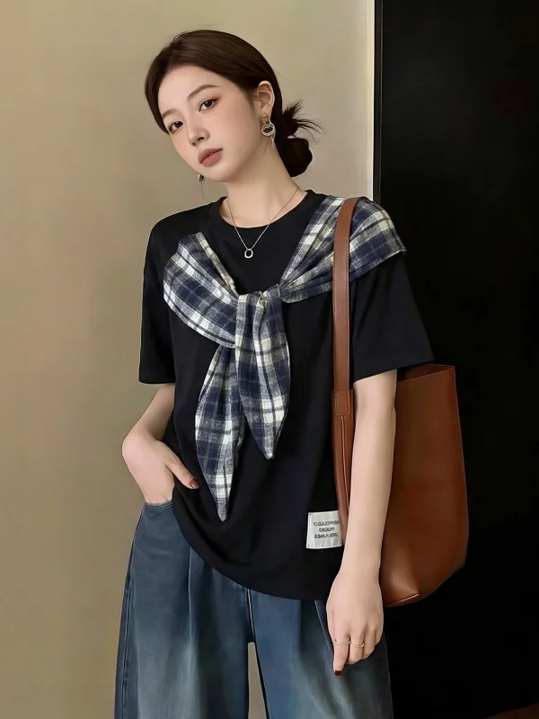Summer New Plaid Navy Collar Short Sleeve T-Shirt Women's plus Size Loose Fit Street Style Top Korean Version Commute Style
Summer New Plaid Navy Collar Short Sleeve T-Shirt Women's plus Size Loose Fit Street Style Top Korean Version Commute Style