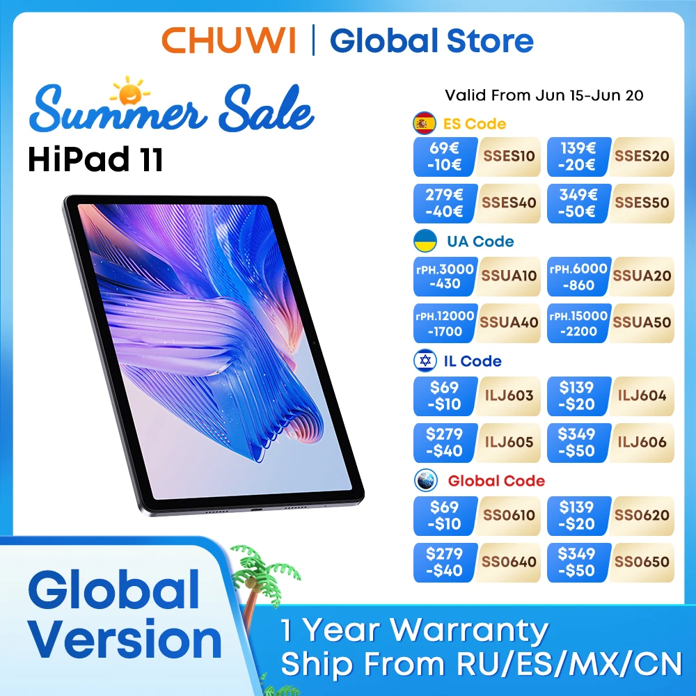 Планшет CHUWI 2024 HiPad 11, 10,95 дюйма, FHD Unisoc T616, 6 ГБ ОЗУ, 128 ГБ ПЗУ, 2,4G/5G, Wi-Fi, 7000 мАч, аккумулятор, Widevine L1, Android 14 планшетов
Планшет CHUWI 2024 HiPad 11, 10,95 дюйма, FHD Unisoc T616, 6 ГБ ОЗУ, 128 ГБ ПЗУ, 2,4G/5G, Wi-Fi, 7000 мАч, аккумулятор, Widevine L1, Android 14 планшетов