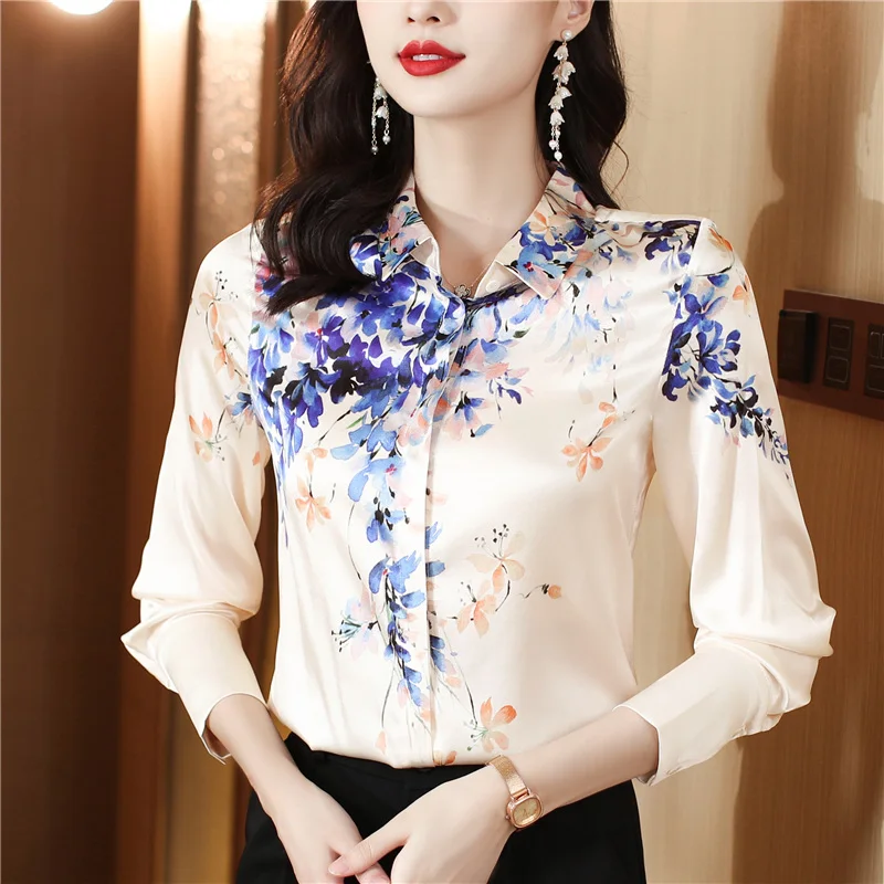 Fashionable middle-aged mom shirt women long sleeve printed satin Mulberry top blouse
Fashionable middle-aged mom shirt women long sleeve printed satin Mulberry top blouse