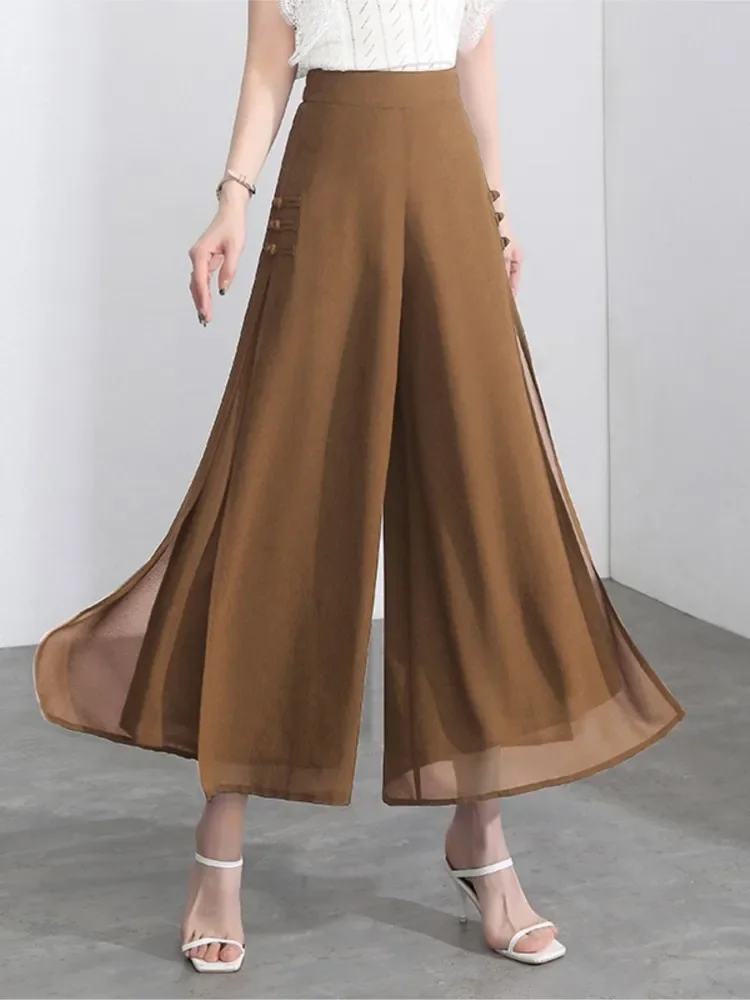 Women Side Slit Chiffon Pants Summer Thin Elastic Waist Wide Leg Pants Chic Drop Trousers Chinese Style Nine Point Pants
Women Side Slit Chiffon Pants Summer Thin Elastic Waist Wide Leg Pants Chic Drop Trousers Chinese Style Nine Point Pants