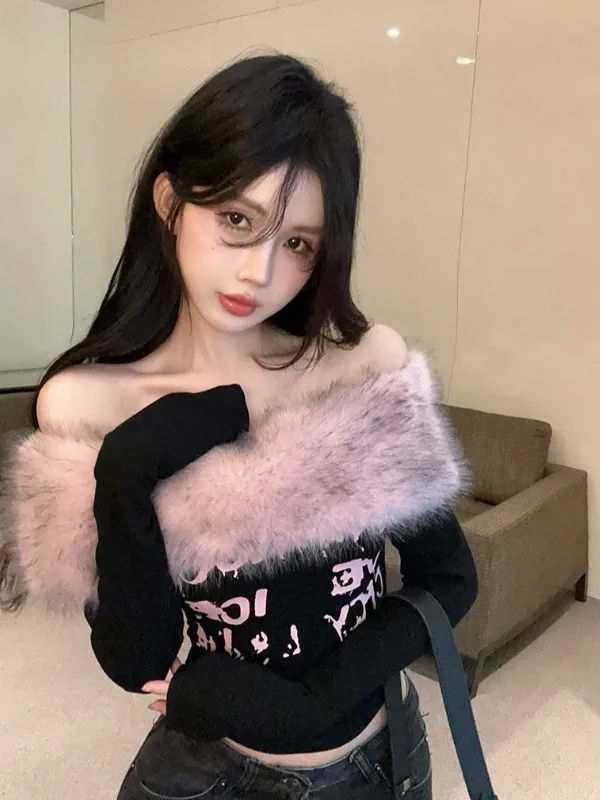 Retro American Hot Girl Pink Fur Splicing One Shoulder Letter Print Short Base Shirt Women's Fashion Spring Autumn Nicole Rose
Retro American Hot Girl Pink Fur Splicing One Shoulder Letter Print Short Base Shirt Women's Fashion Spring Autumn Nicole Rose